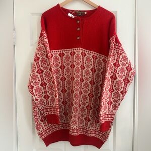 100% Wool Vintage Red and White Apres Ski Cozy Patterned Oversized Sweater